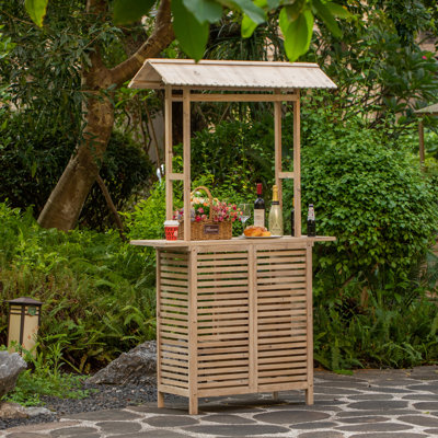 Arlmont & Co. Rustic Wooden Outdoor Bar Counter With Roof